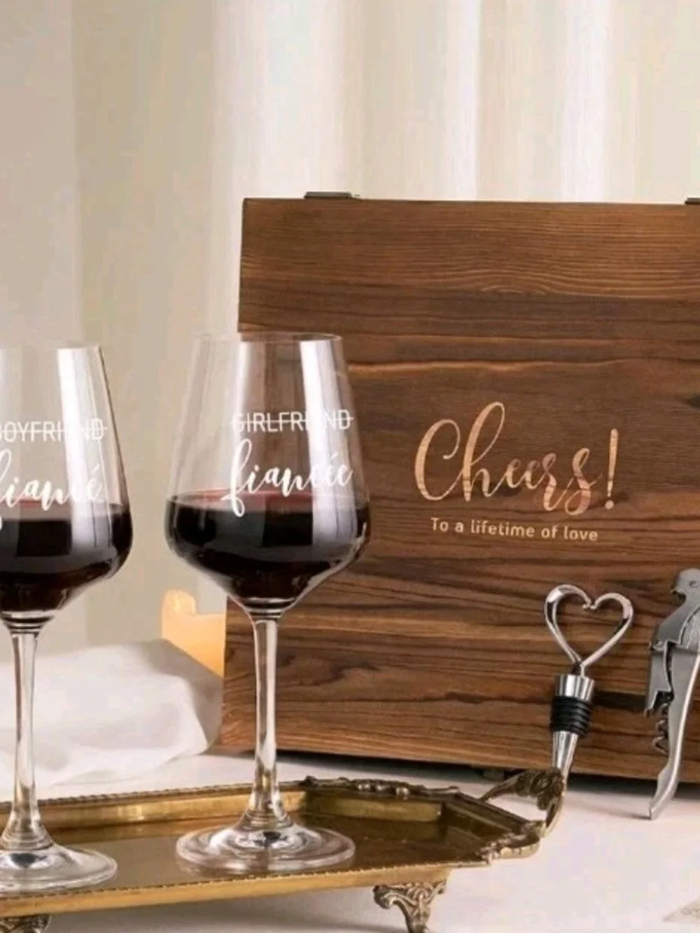 Engraved 'Fiancé' Wine Glass Gift Set with Wooden Case - Clear Glass